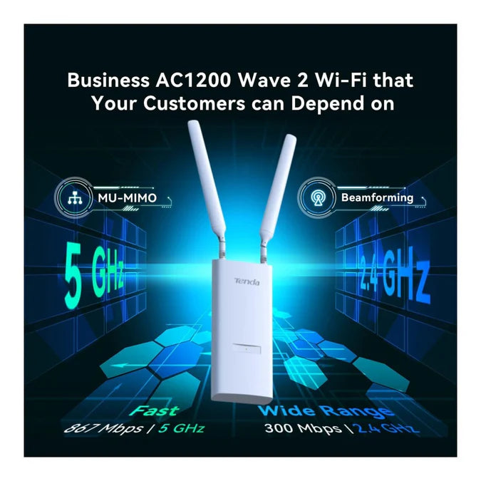 Graphic illustration of the Tenda OAP1200 connecting to multiple wireless client devices via MU-MIMO.


