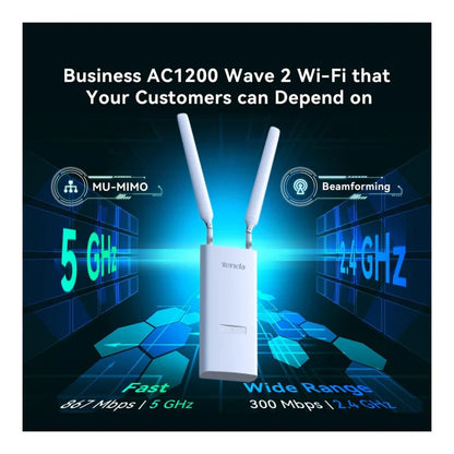 Graphic illustration of the Tenda OAP1200 connecting to multiple wireless client devices via MU-MIMO.


