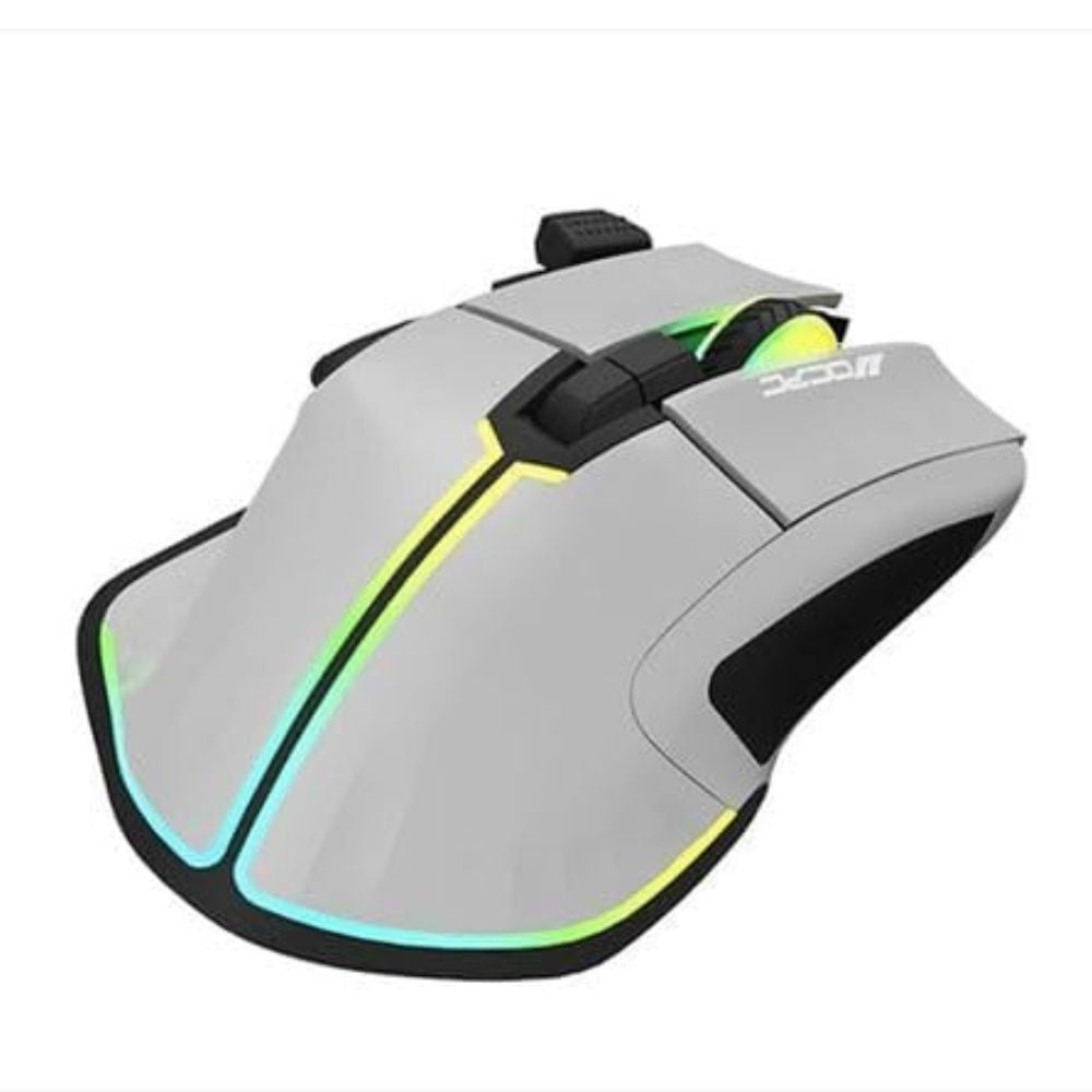 RGB-lit MR-33 gray wireless mouse on a gaming desk