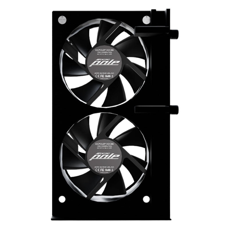 Black dual-fan GPU cooling system with 'Pole' branding on a white background