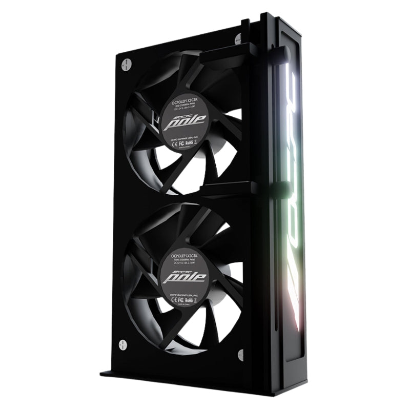 GPU Holder cooler fan with dual fans and RGB lighting on a white background