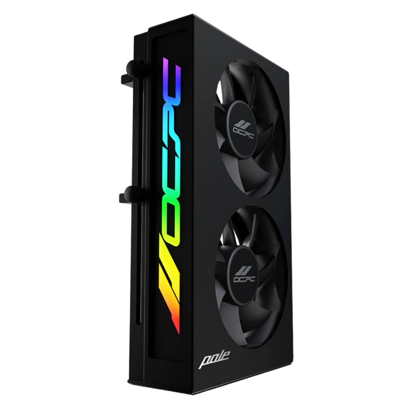 Black graphics card holder with RGB lighting and dual fans on a white background