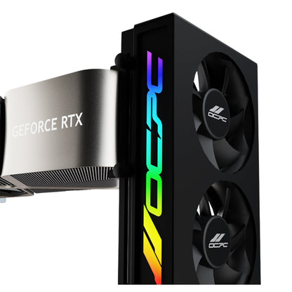 OCPC graphics card holder with two fans and GeForce RTX heatsink on a white background