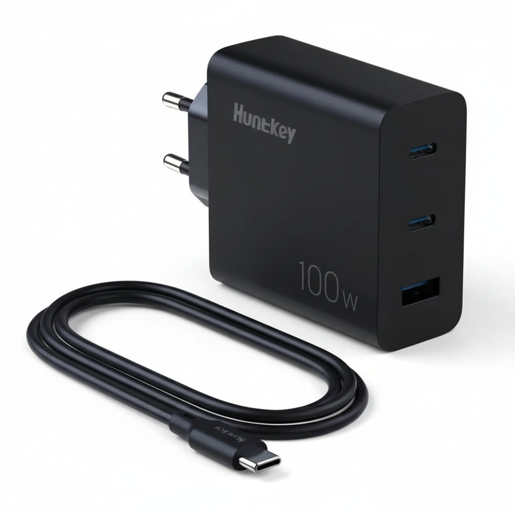 Front view of the Huntkey 100W GNAN tri-port GaN fast charger.

