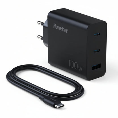 Front view of the Huntkey 100W GNAN tri-port GaN fast charger.

