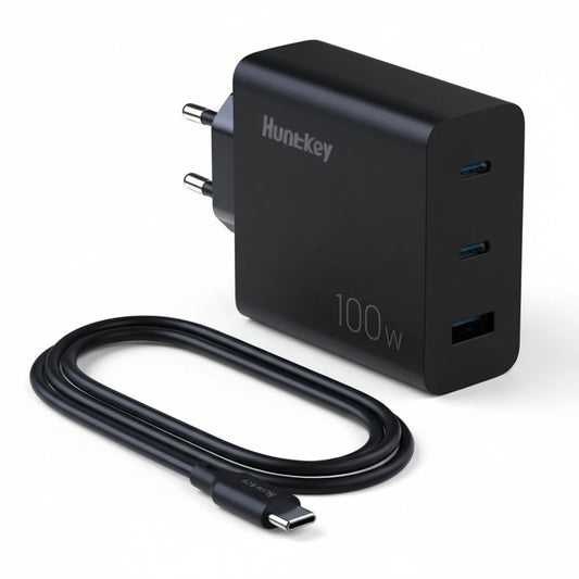 Front view of the Huntkey 100W GNAN tri-port GaN fast charger.

