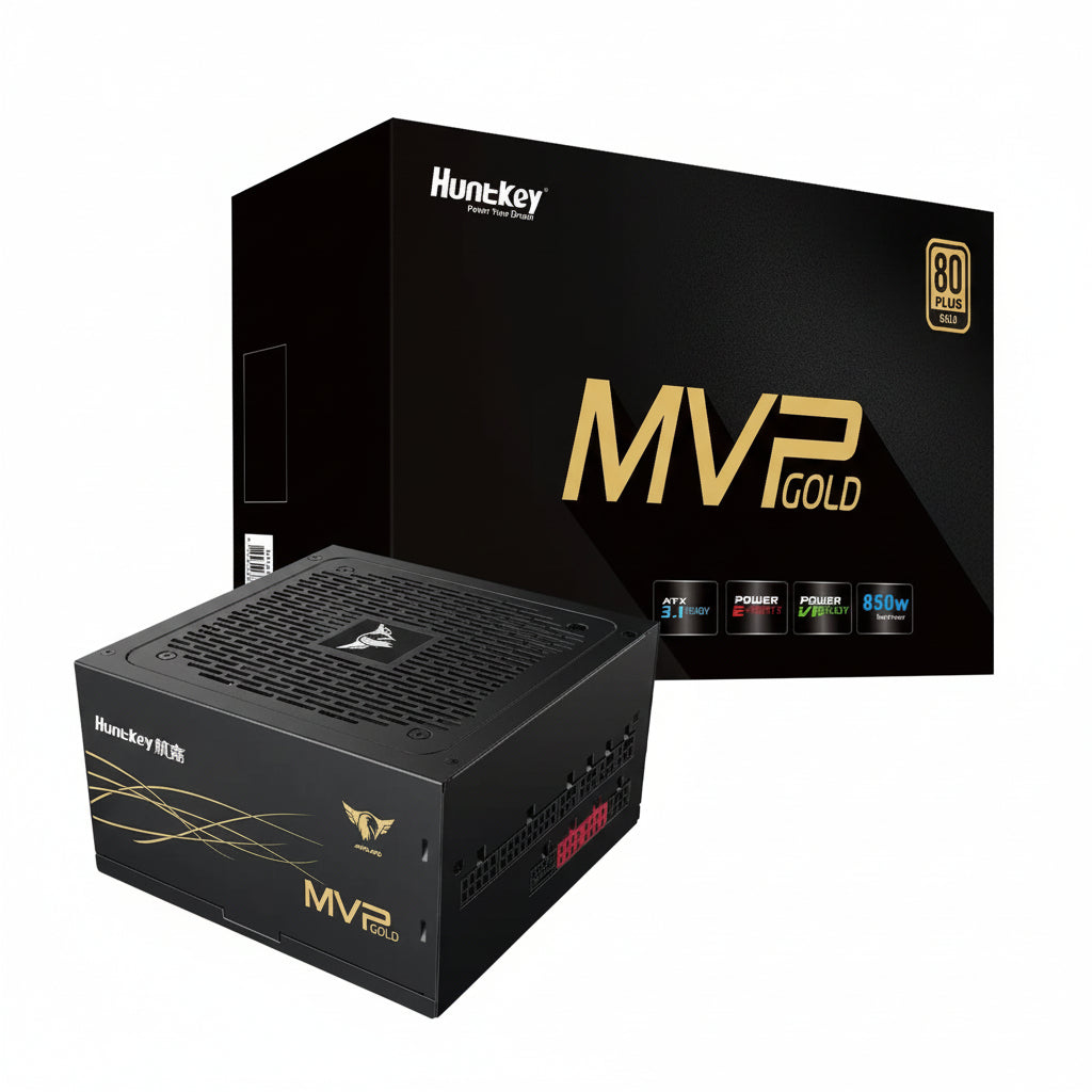 Front view of the Huntkey MVP K850 850W 80 Plus Gold ATX 3.1 power supply.

