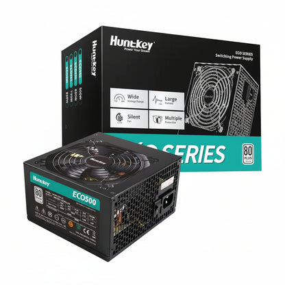 Front view of the Huntkey ECO500 500W 80 Plus White power supply.

