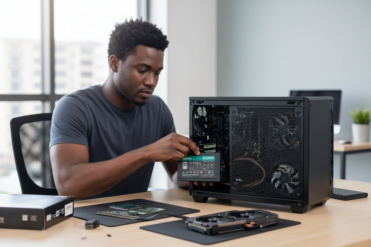 Context image of the power supply installed in a desktop PC build.


