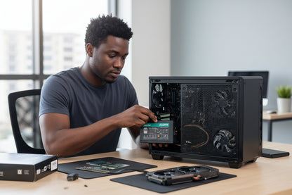 Context image of the power supply installed in a desktop PC build.

