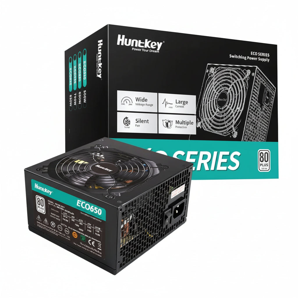 Front view of the Huntkey ECO650 650W 80 Plus White power supply.

