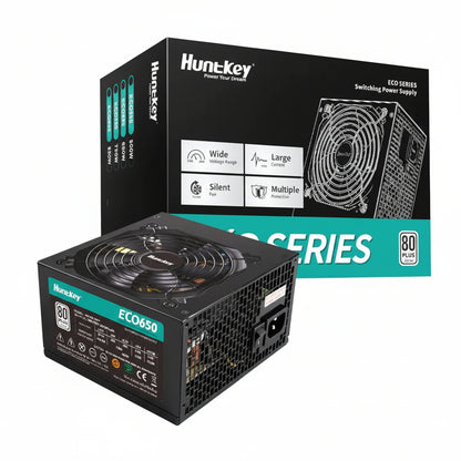 Front view of the Huntkey ECO650 650W 80 Plus White power supply.

