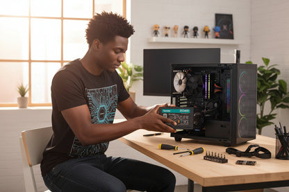 Context image of the power supply installed in a mid-range gaming PC build.

