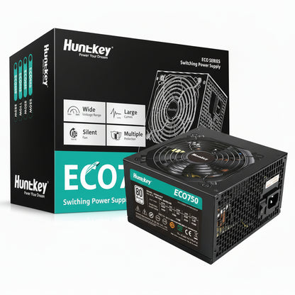 Front view of the Huntkey ECO750 750W 80 Plus White power supply.

