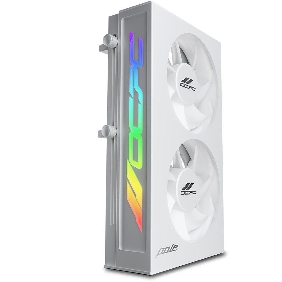 White graphics card holder RGB lighting on a white background