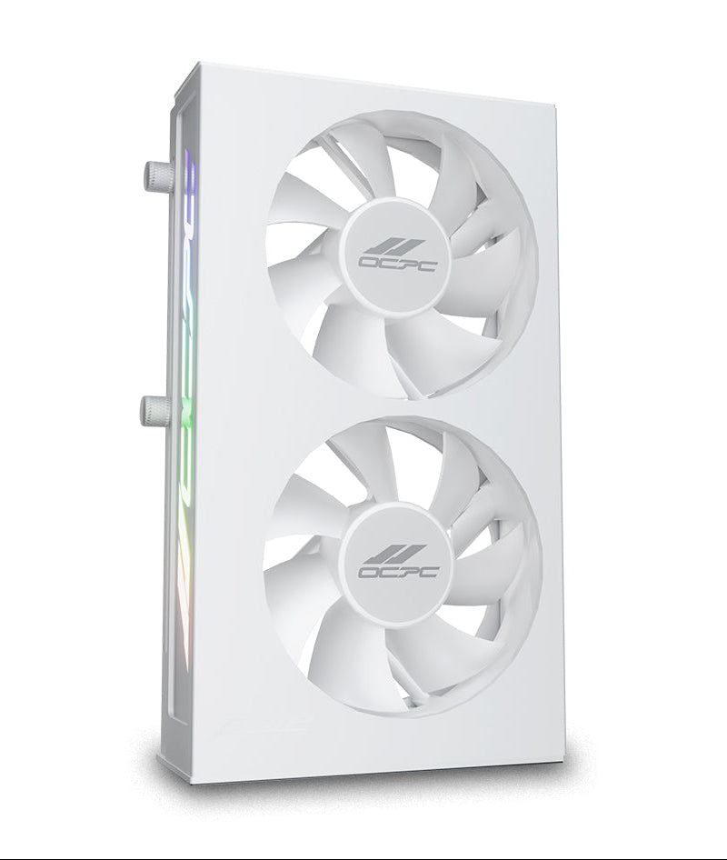 White cooling system with dual fans on a white background