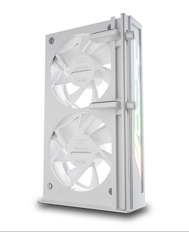 Graphics Card Holder with dual fans on a white background