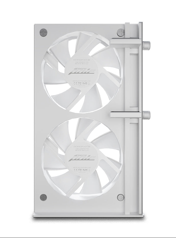 Graphics Card holder cooling fan with a metallic finish on a white background