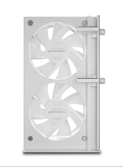 Graphics Card holder cooling fan with a metallic finish on a white background