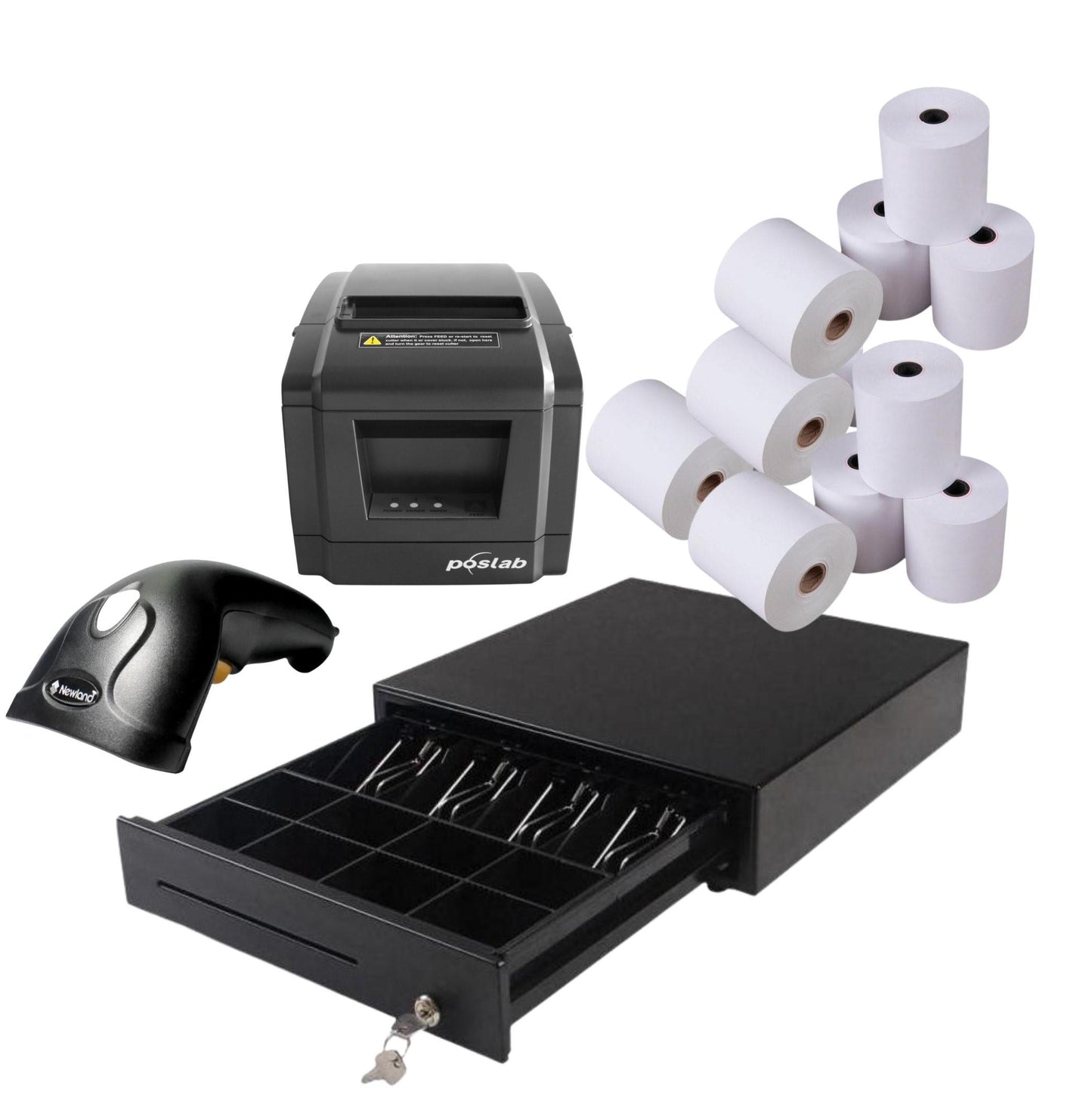 MicroWorld POS Retail Kit: receipt printer, barcode scanner, cash drawer, and rolls.