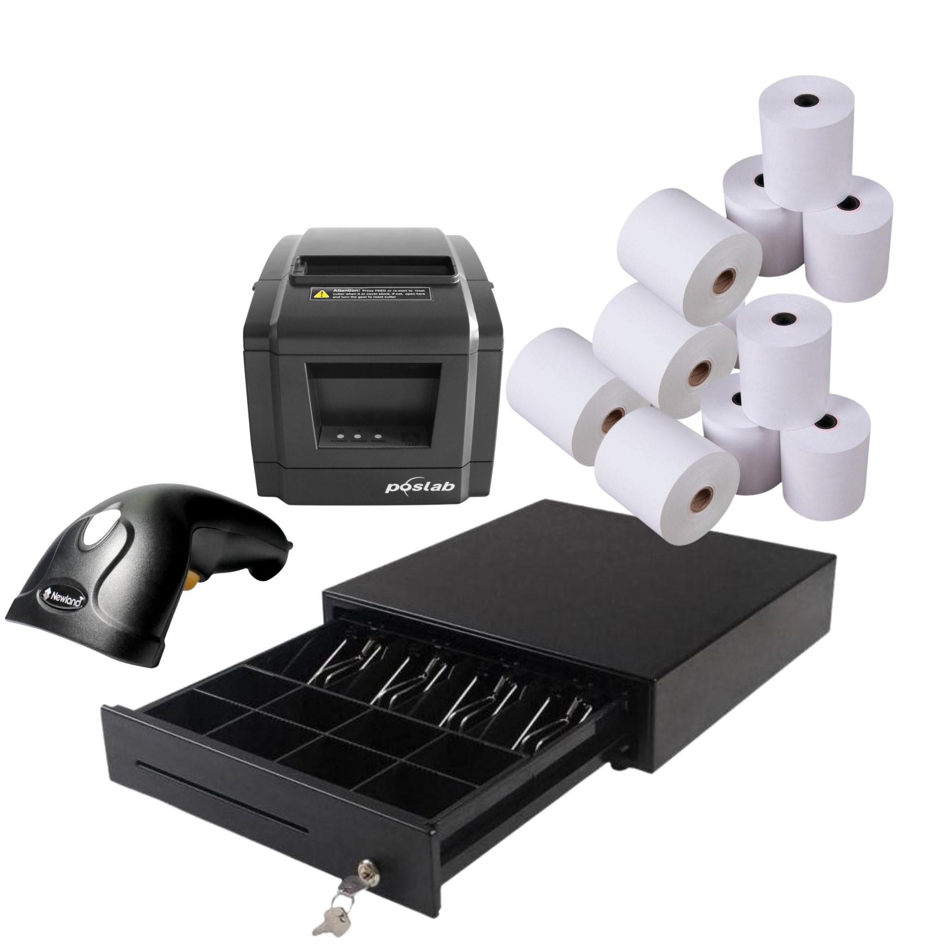 MicroWorld POS Retail Kit: receipt printer, barcode scanner, cash drawer, and rolls.