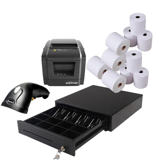 MicroWorld POS Retail Kit: receipt printer, barcode scanner, cash drawer, and rolls.