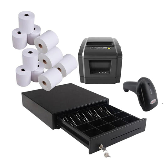 MicroWorld POS Retail Kit – printer, scanner, cash drawer, and receipt rolls.