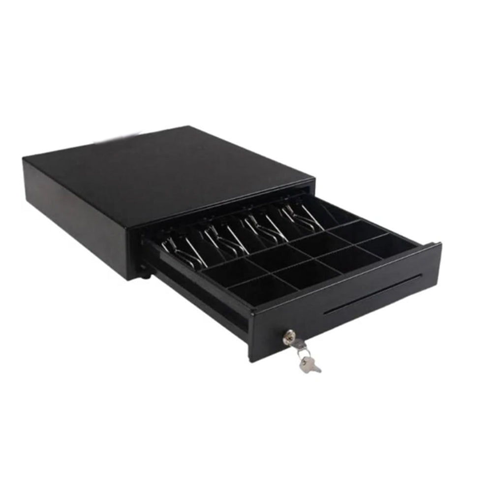 Black MicroWorld POS cash drawer with lock, keys, and divided currency trays.