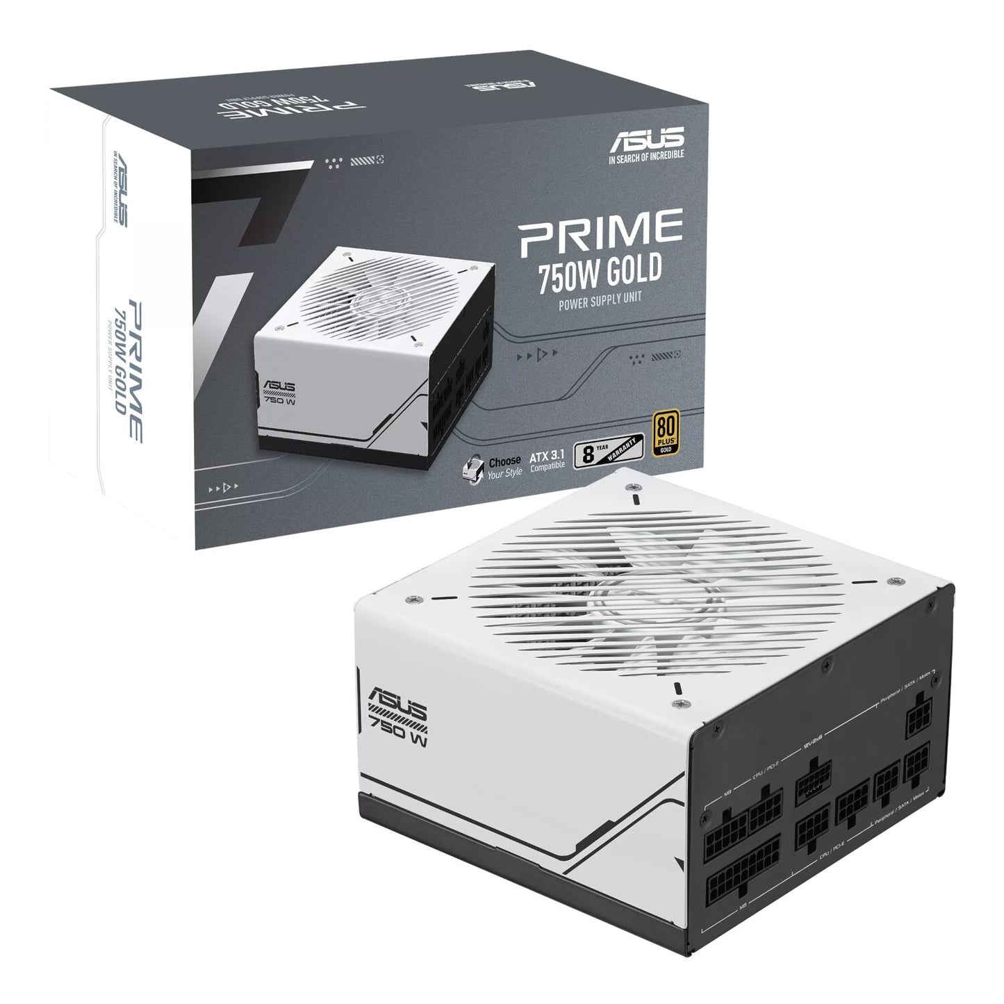 Asus Prime 750W Gold power supply unit with packaging on a white background