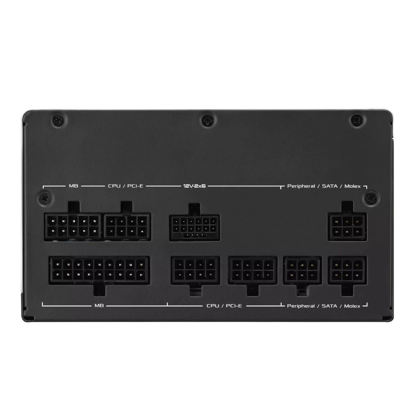 Back view of a computer power supply unit with connectors on a white background