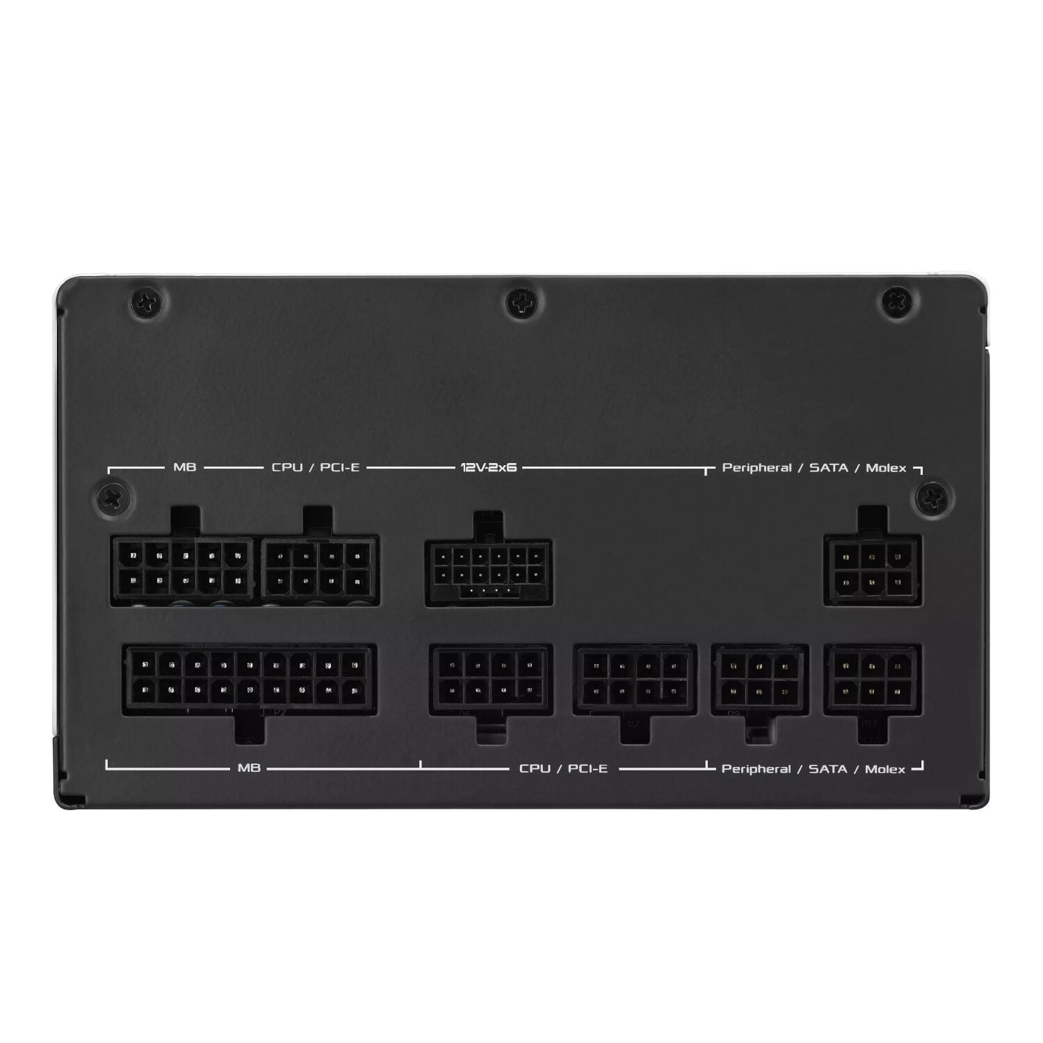 Back view of a computer power supply unit with connectors on a white background