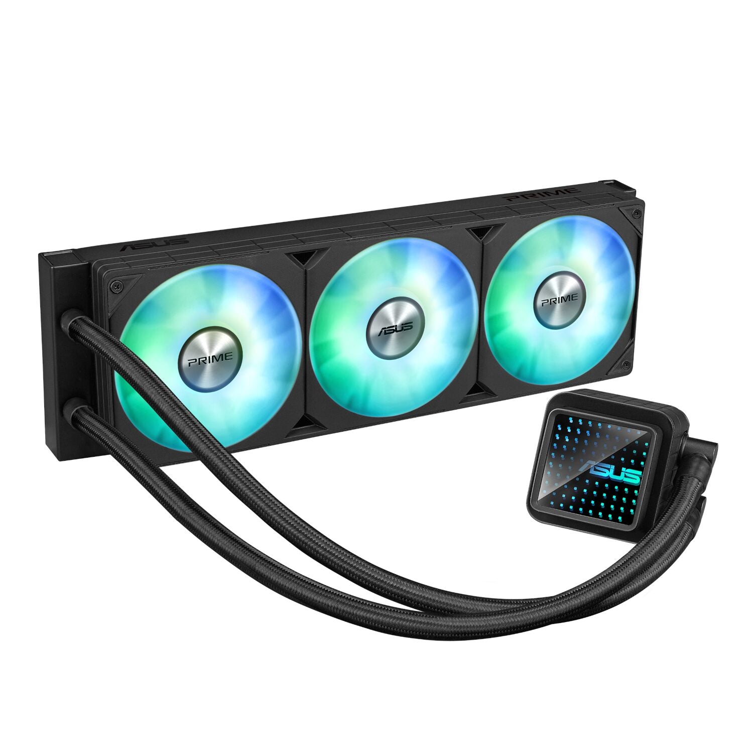 Computer cooling system with three illuminated fans on a white background