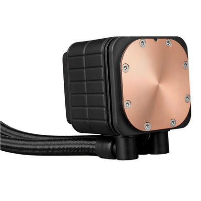 Copper and black cooling component on a white background