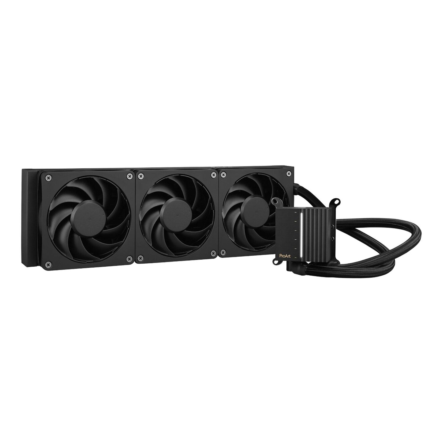Computer cooling system with three fans on a white background
