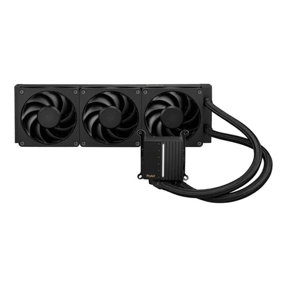 Computer cooling system with three fans and a block on a white background
