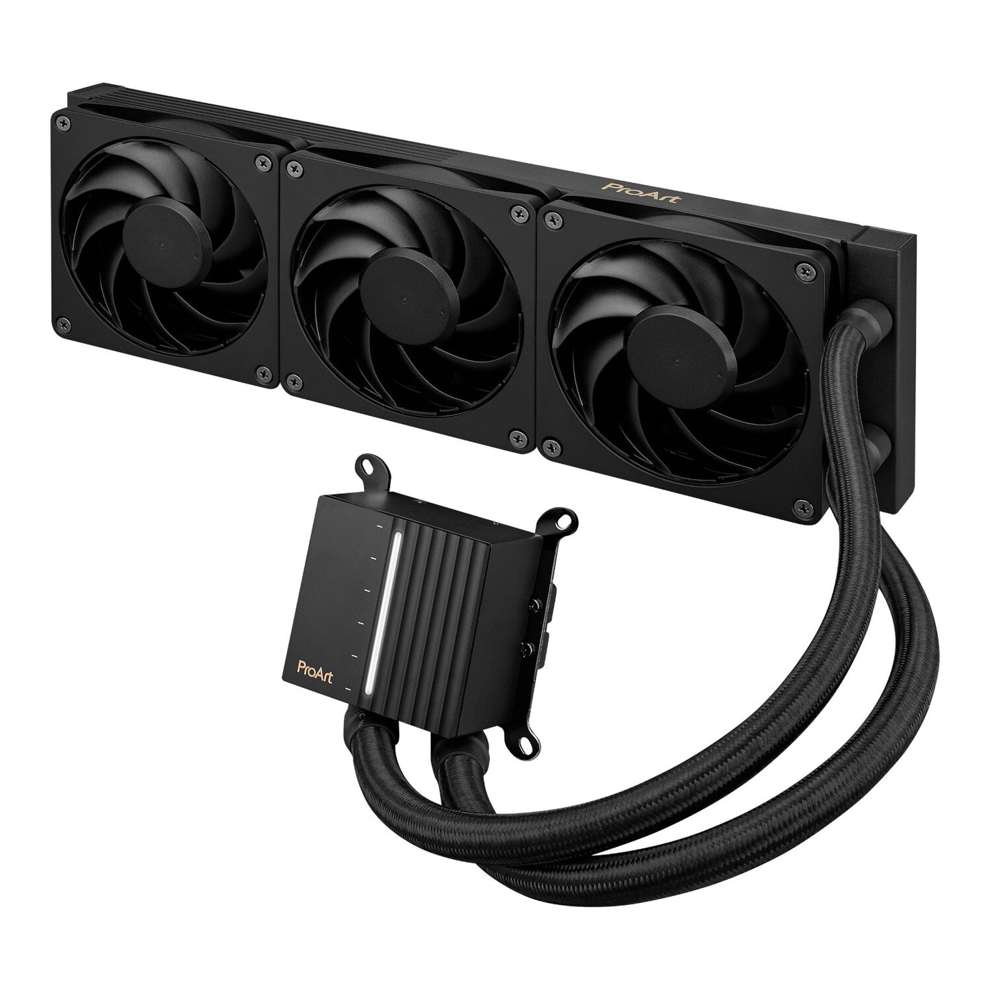 Computer cooling system with three fans and a cable on a white background