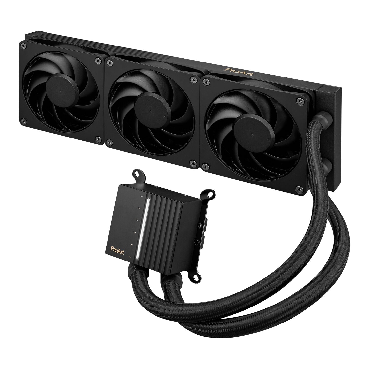 Computer cooling system with three fans and a cable on a white background