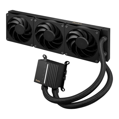 Computer cooling system with three fans and a cable on a white background