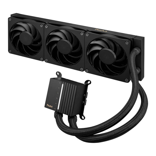 Computer cooling system with three fans and a cable on a white background