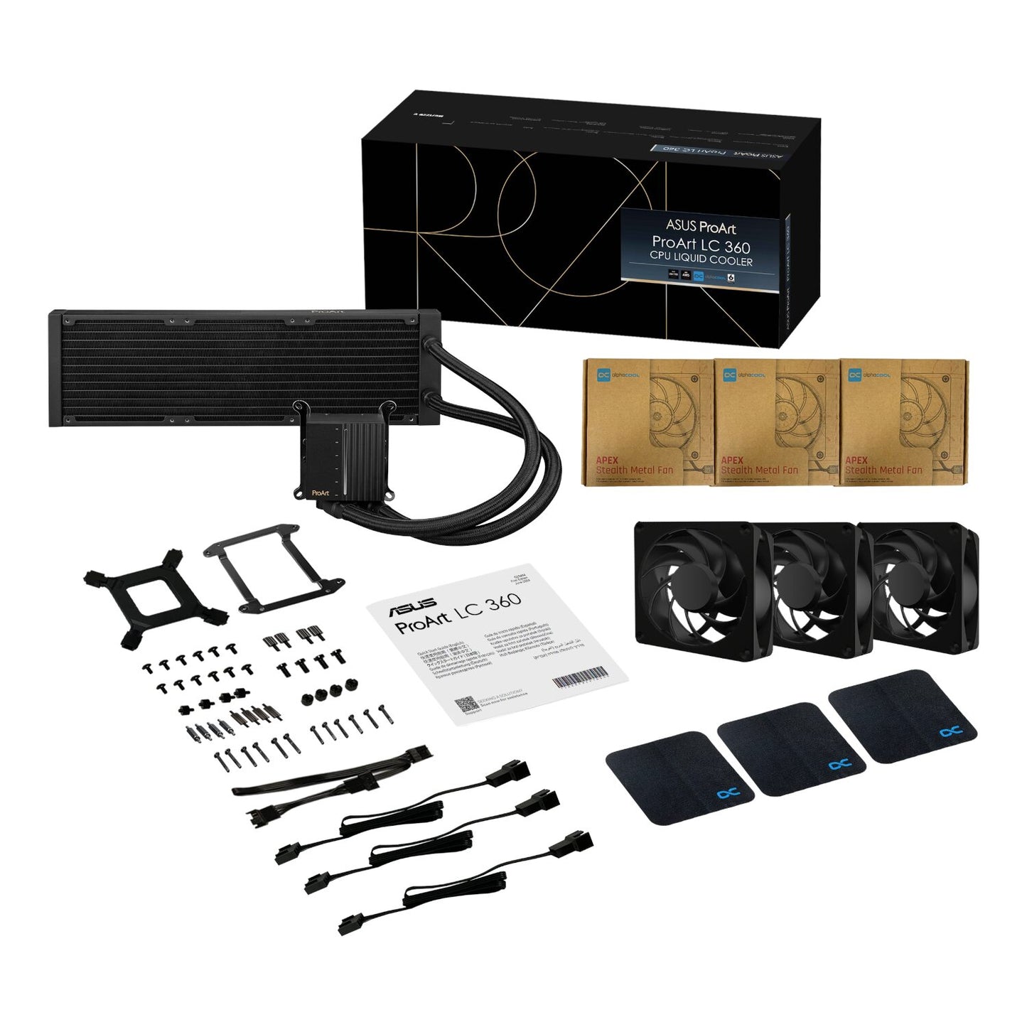 Computer cooling system components including fans, radiator, and accessories on a white background