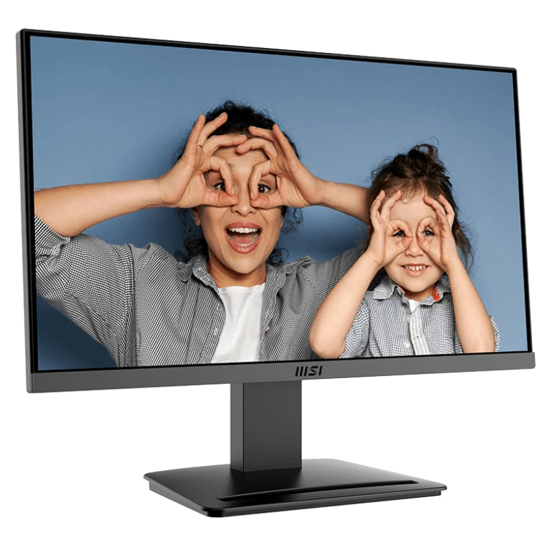 Monitor displaying an image of a woman and a child with their hands over their eyes.