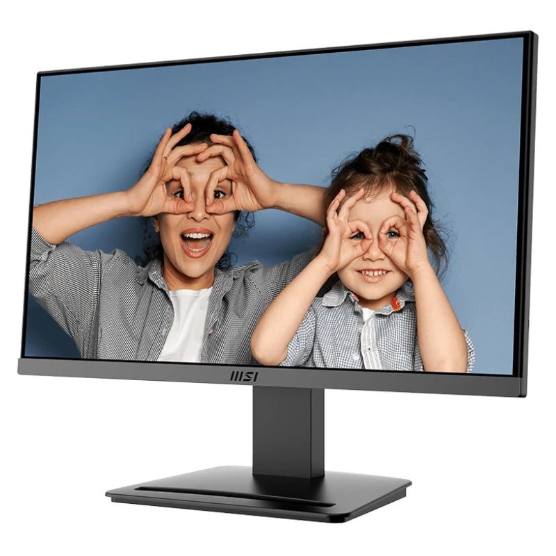 Monitor displaying two people making eye shapes with their hands, brand 'MSI' visible