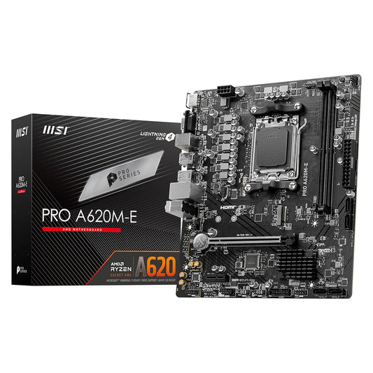 Top-down view of the MSI PRO A620M-E micro-ATX motherboard.

