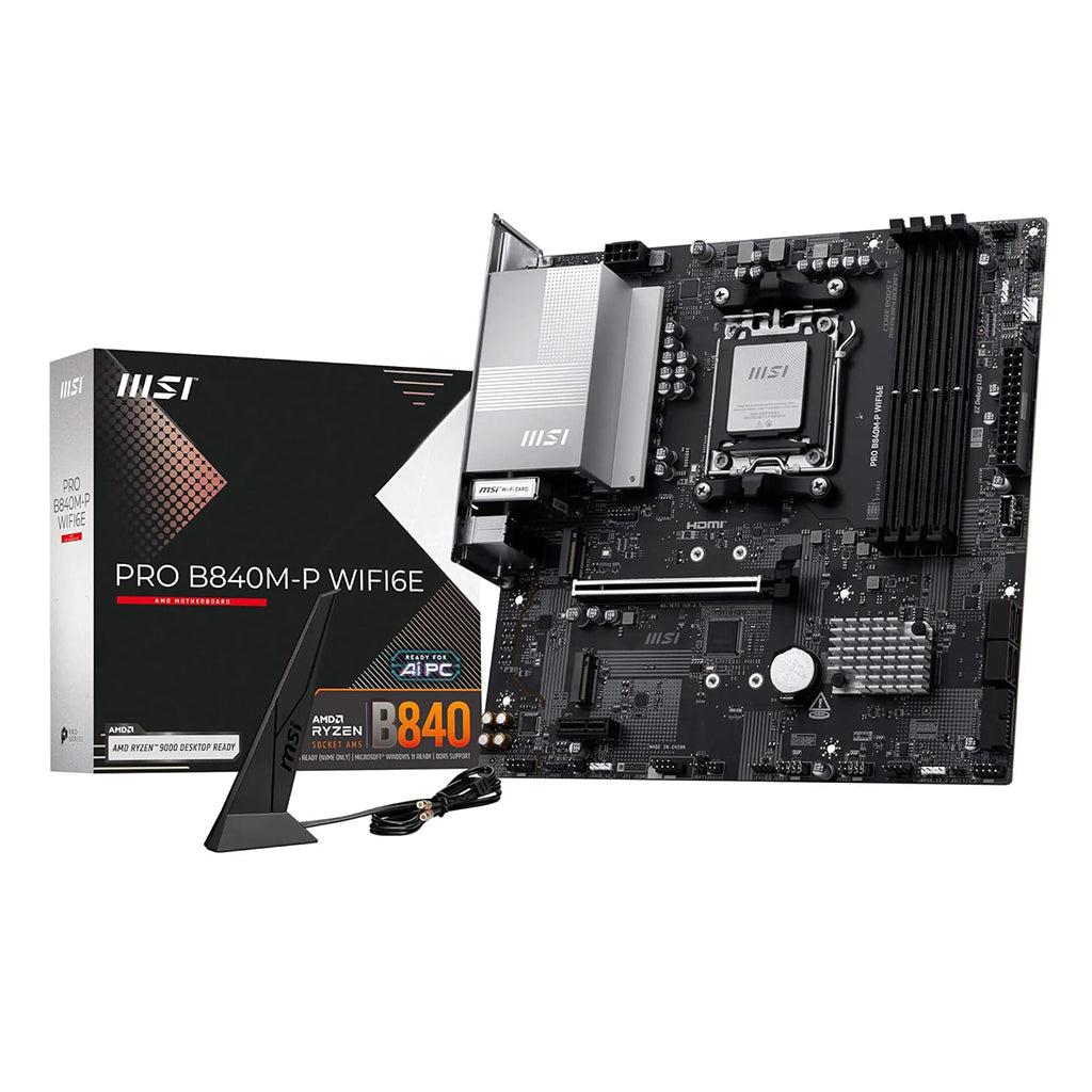 Top-down view of the MSI PRO B840M-P WiFi 6E micro-ATX motherboard.

