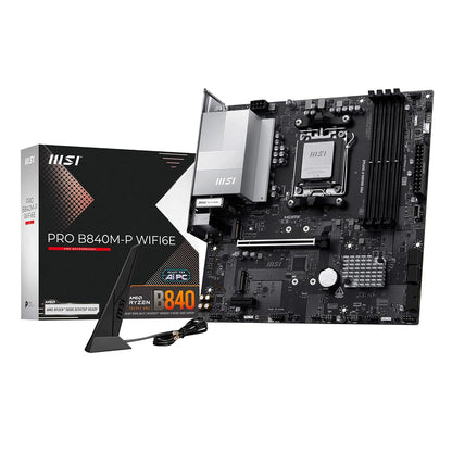 Top-down view of the MSI PRO B840M-P WiFi 6E micro-ATX motherboard.

