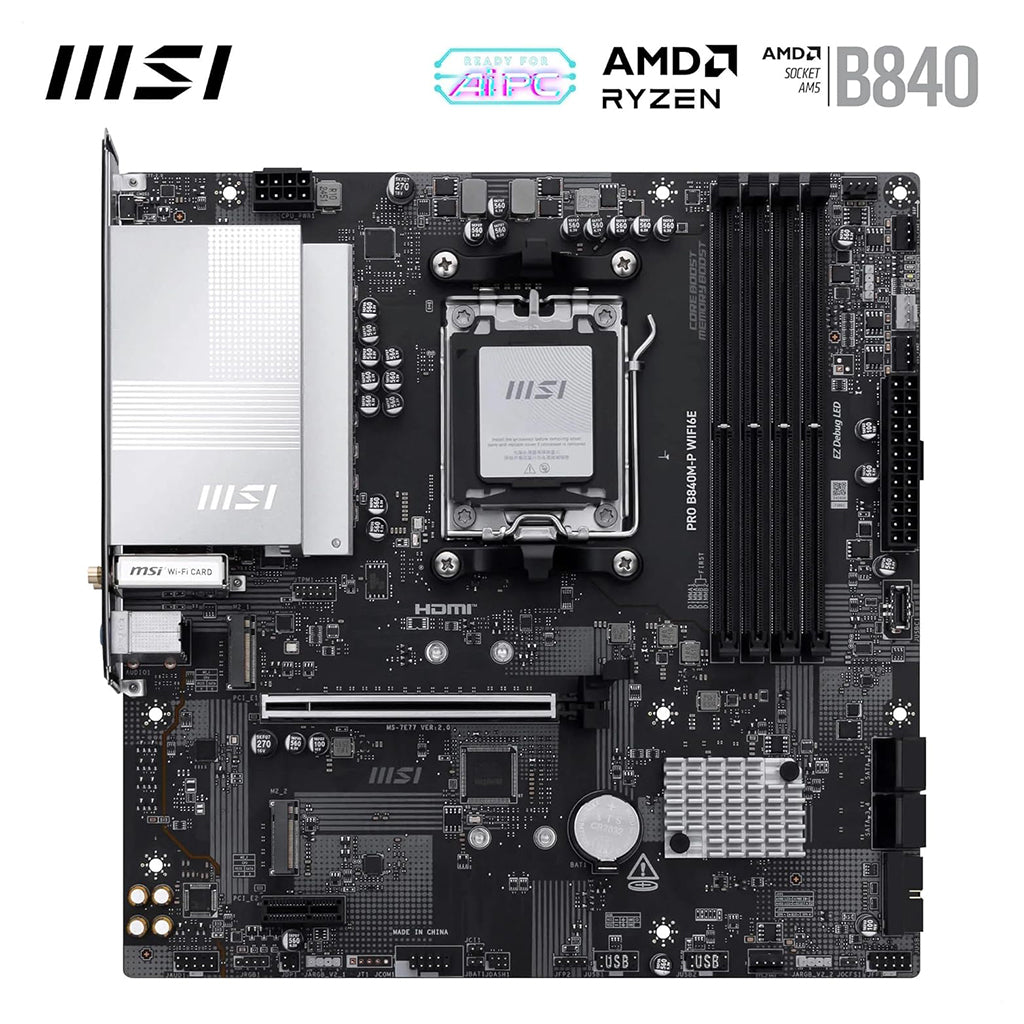 Close-up of the AMD AM5 CPU socket and four DDR5 DIMM slots.

