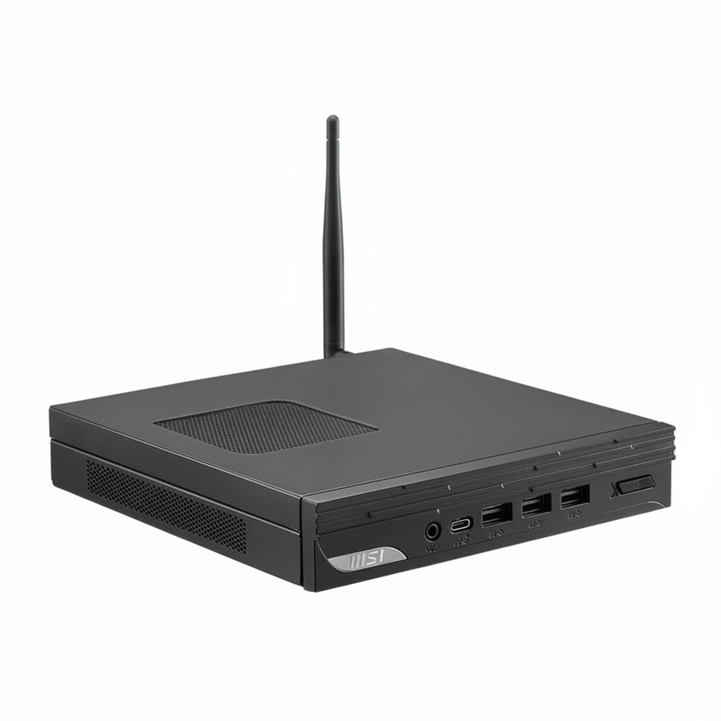 Front view of the black MSI Pro DP10 13M mini PC on a desk.

