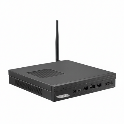 Front view of the black MSI Pro DP10 13M mini PC on a desk.

