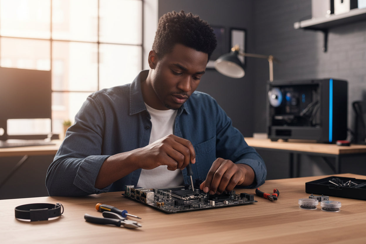 Close-up of the EZ Debug LEDs near the 24-pin power connector.

