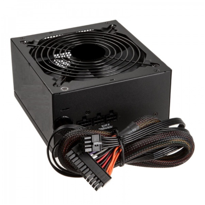 Computer power supply unit with fan and cables on a white background